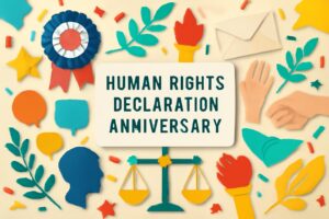「人権宣言記念日」の重要性とその影響を祝うためのデザインで、自由、平等、人民主権などの理念を視覚的に表現。