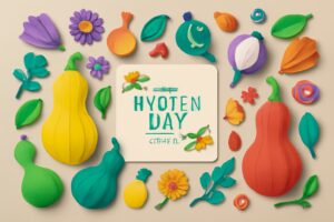 8月8日のひょうたんの日を祝うためのデザイン。ひょうたんとカラフルな花々が並び、「HYOTEN DAY」のテキストが中央に配置されています。