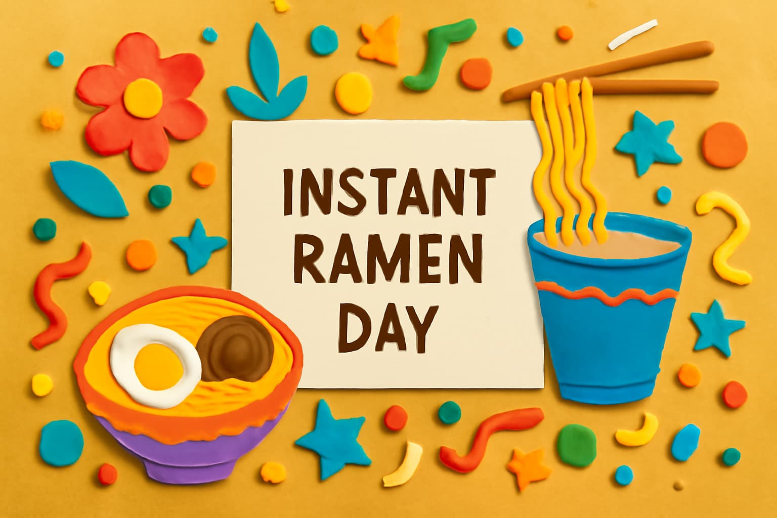 即席ラーメン記念日を祝うチキンラーメンの誕生とその影響に関する記事のサムネイル。ラーメンや記念日をテーマにしたカラフルなイラストと「Instant Ramen Day」の文字。