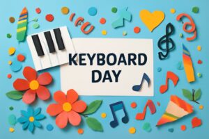 ピアノの88鍵にちなんだ「鍵盤の日」を祝うためのカラフルで楽しいデザイン。音楽の表現力とピアノの魅力を伝える視覚的なイメージ。