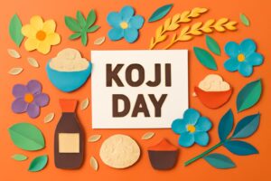 こうじの日を祝う発酵食品の魅力を紹介するカラフルなペーパーアート