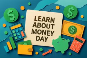 「おかねを学ぶ日」金融教育の重要性を伝える、カラフルな紙アートで表現された資産管理や金融リテラシーの象徴。