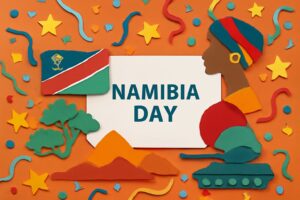 ナミビアの日を祝うためのカラフルなアート作品、ナミビアの独立と英雄たちへの敬意を表現。