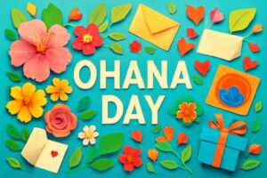 「オハナの日」を祝う家族の絆を強調するカラフルで温かみのあるデザイン。家族をテーマにしたメッセージカードや鮮やかな花々、ギフトボックスが盛り込まれたデザイン。