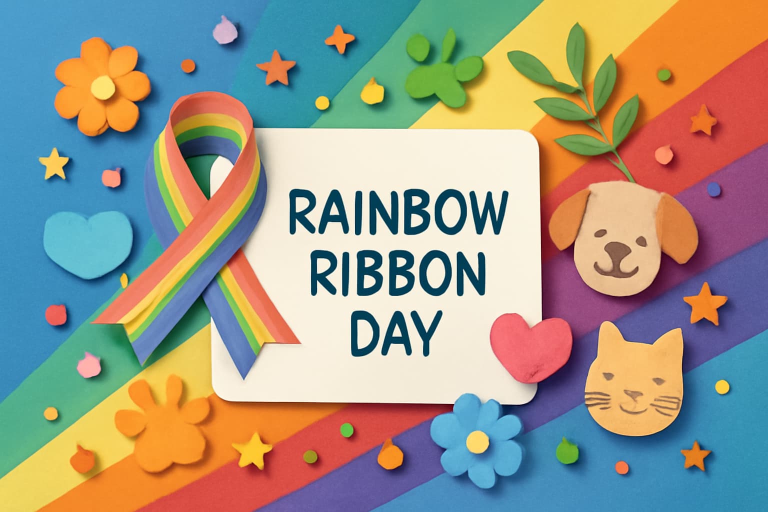 RAINBOW RIBBON DAYは、保護された犬や猫の里親への譲渡を促進し、命の大切さを伝える記念日。虹色のリボンと動物たちが象徴する絆。
