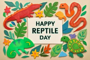爬虫類の日の魅力を祝うカラフルなアート、爬虫類たちが集まる楽しいメッセージカード