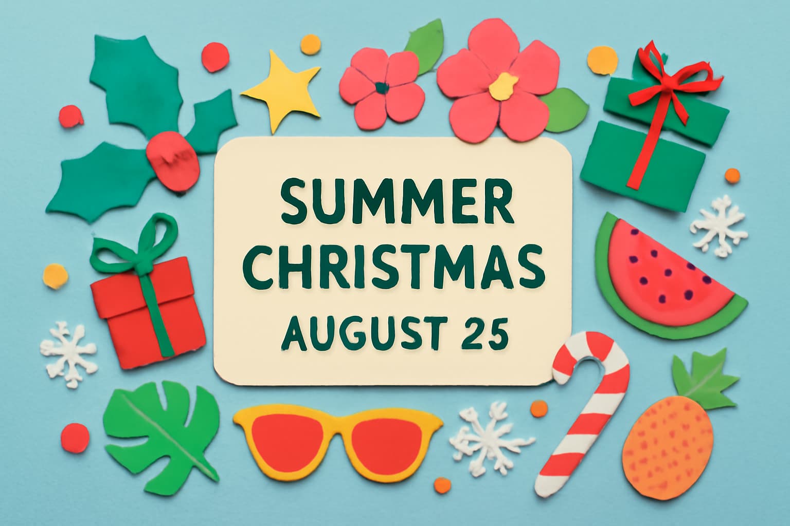 8月25日のサマークリスマスを祝うイベントの雰囲気を感じるカラフルなペーパーアート。夏のクリスマスの象徴的なアイテム（プレゼント、スイカ、キャンディケインなど）を取り入れ、楽しく心温まる雰囲気を表現。