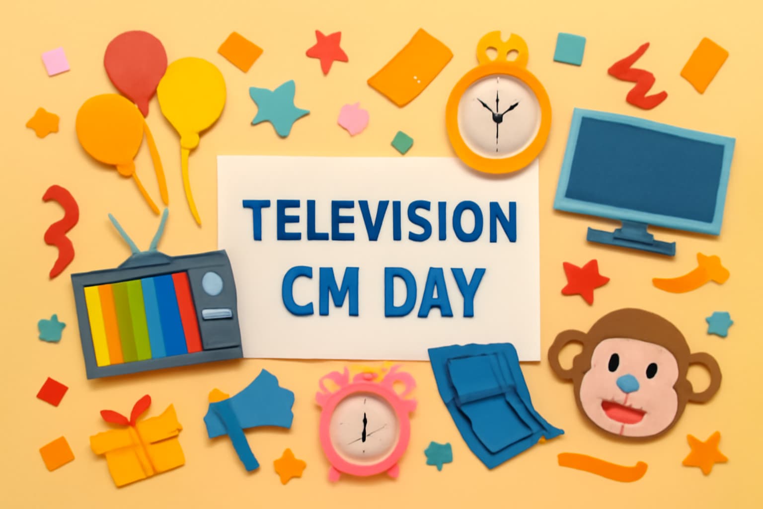 テレビCMの日の歴史を祝う、カラフルで楽しいデザインのメッセージカード