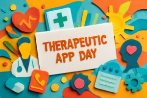 治療アプリの日を祝うカラフルなデジタル治療のシンボルが描かれた画像。医療、テクノロジー、健康管理に関するアイコンが周囲を飾り、治療アプリの革新性を表現。