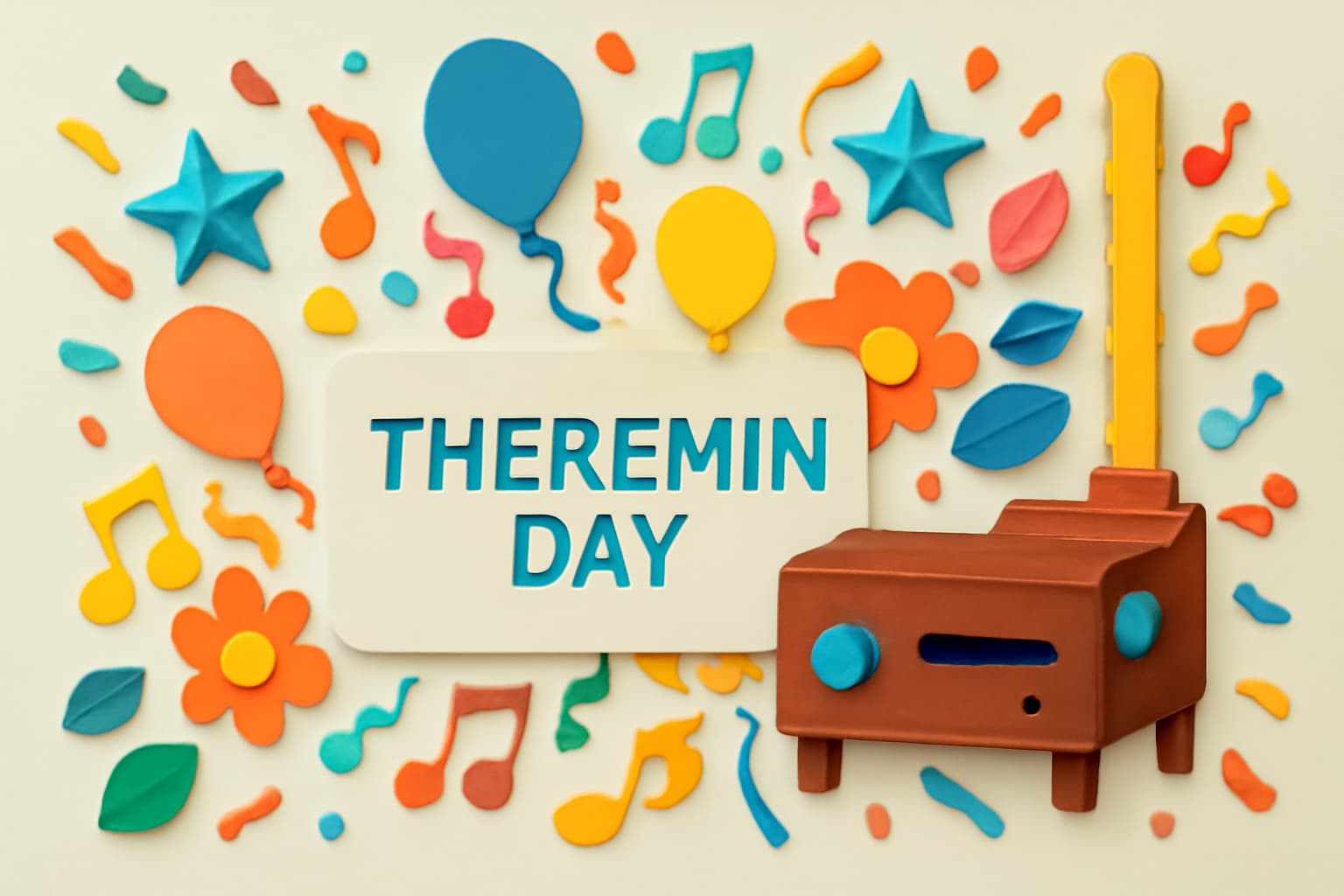 8月28日の「テルミンの日」を祝う、音楽とテクノロジーが融合した電子楽器テルミンの魅力を紹介するカラフルなデザイン。