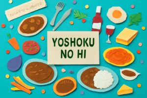 8月8日の洋食の日を祝うため、ハヤシライスなどの代表的な洋食料理が集まったカラフルなデザイン