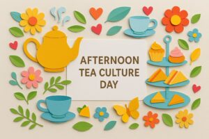 アフタヌーンティー文化の日に関する紅茶とティーセットの華やかなペーパーアート