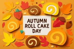 秋のロールケーキの日を祝うカラフルなロールケーキと秋の葉を使ったビジュアル。モンテールが提案する秋のスイーツと記念日を表現。