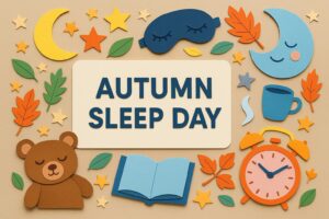 秋の睡眠の日に関する記念日と睡眠改善をテーマにしたカラフルなペーパーアート