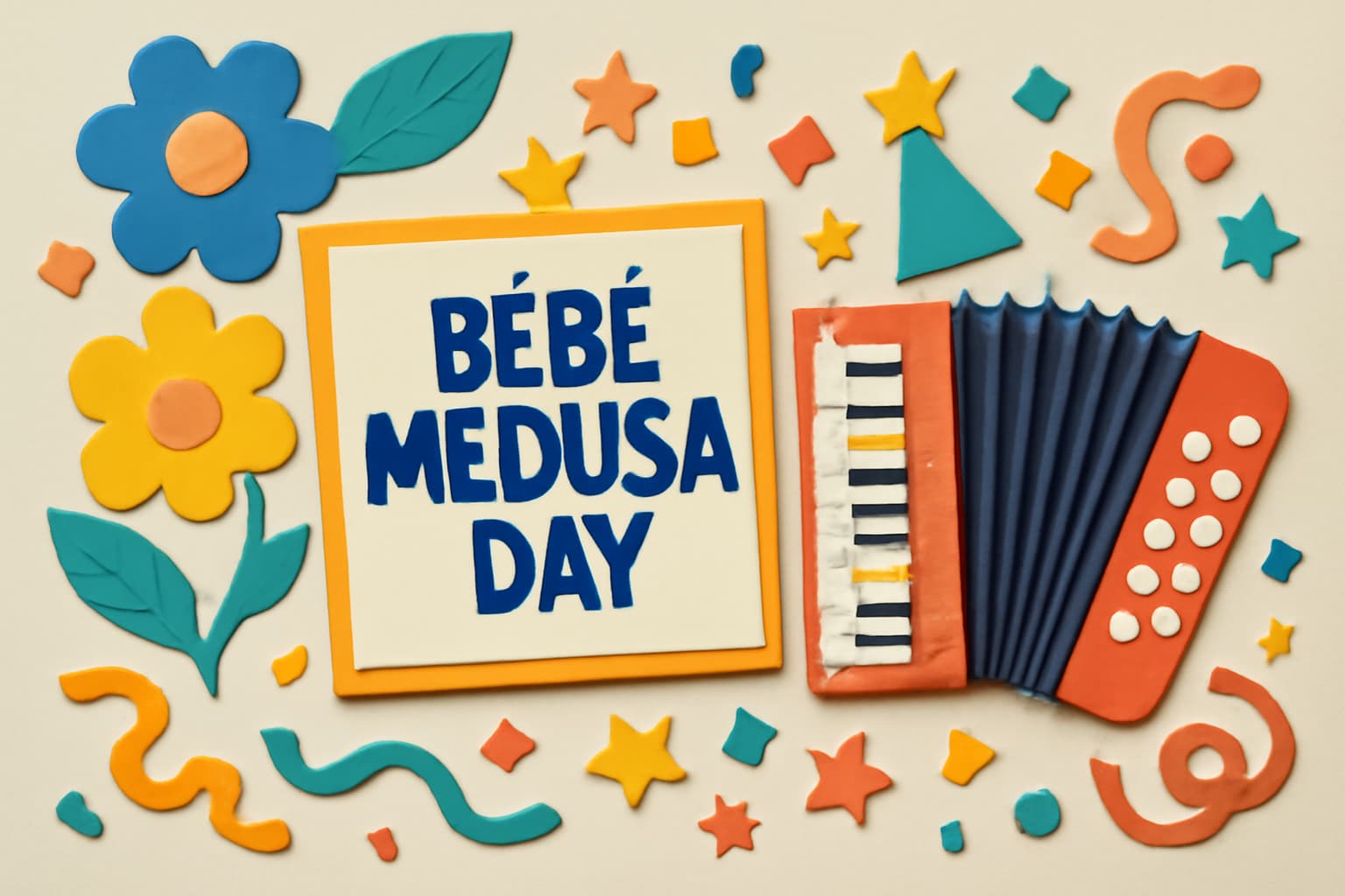 「Bébé Medusaの日」を祝うアコーディオンとカラフルな装飾が特徴的なデザイン