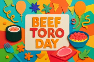 9月16日の「牛とろの日」を祝うカラフルなデザインで、牛とろの魅力を表現した画像。鮮やかな色彩と食材がテーマのデザイン。