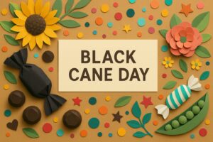 黒あめの日にちなんだカラフルな飴と花のペーパーアートと「BLACK CANE DAY」の文字