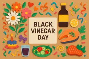 黒酢の日に関連するカラフルな料理や黒酢の健康効果を象徴するペーパーアート