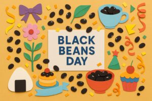 黒豆の日にちなんだ記念日と健康食品としての黒豆の魅力を伝えるカラフルなペーパーアート