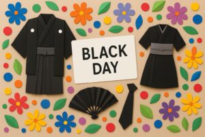 黒の日にちなんだ黒留袖と黒紋服、伝統的な黒染め文化と着物の魅力を象徴するカラフルなペーパーアート