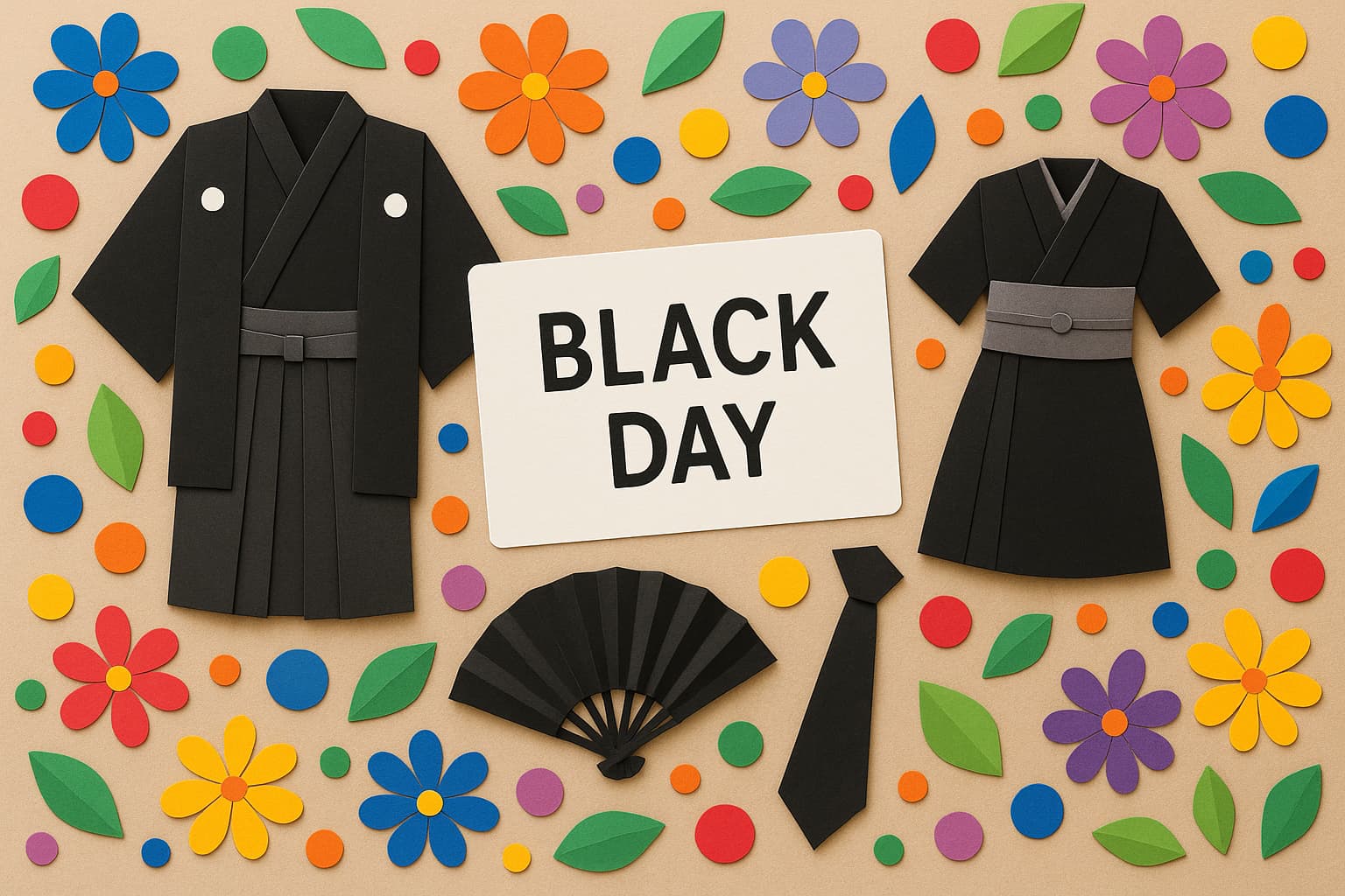黒の日にちなんだ黒留袖と黒紋服、伝統的な黒染め文化と着物の魅力を象徴するカラフルなペーパーアート