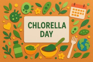 クロレラの日の由来と栄養価を紹介するカラフルな記念日イメージ