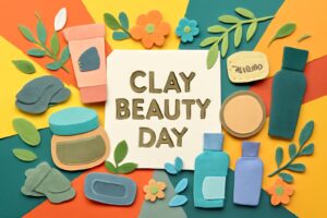 クレイ美容の日を祝う、クレイを使った美容アイテムと自然なデザインのカラフルなイラスト