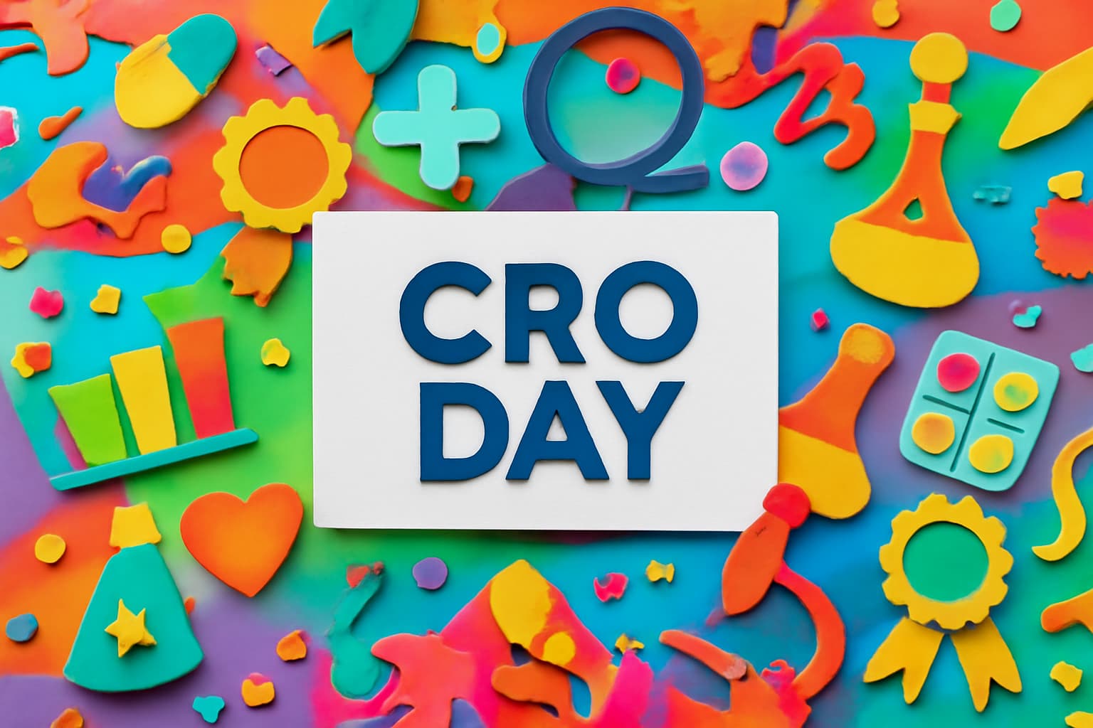 CROの日の重要性と医薬品開発におけるCROの役割を祝うカラフルなデザイン。