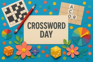クロスワードの日の由来や滝沢てるお氏の思いを紹介するカラフルな記念日イメージ