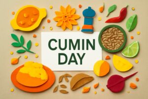 クミンの日に関連するスパイスや料理を象徴するカラフルなペーパーアート、クミンの香りが引き立つカレーやエスニック料理がテーマ。
