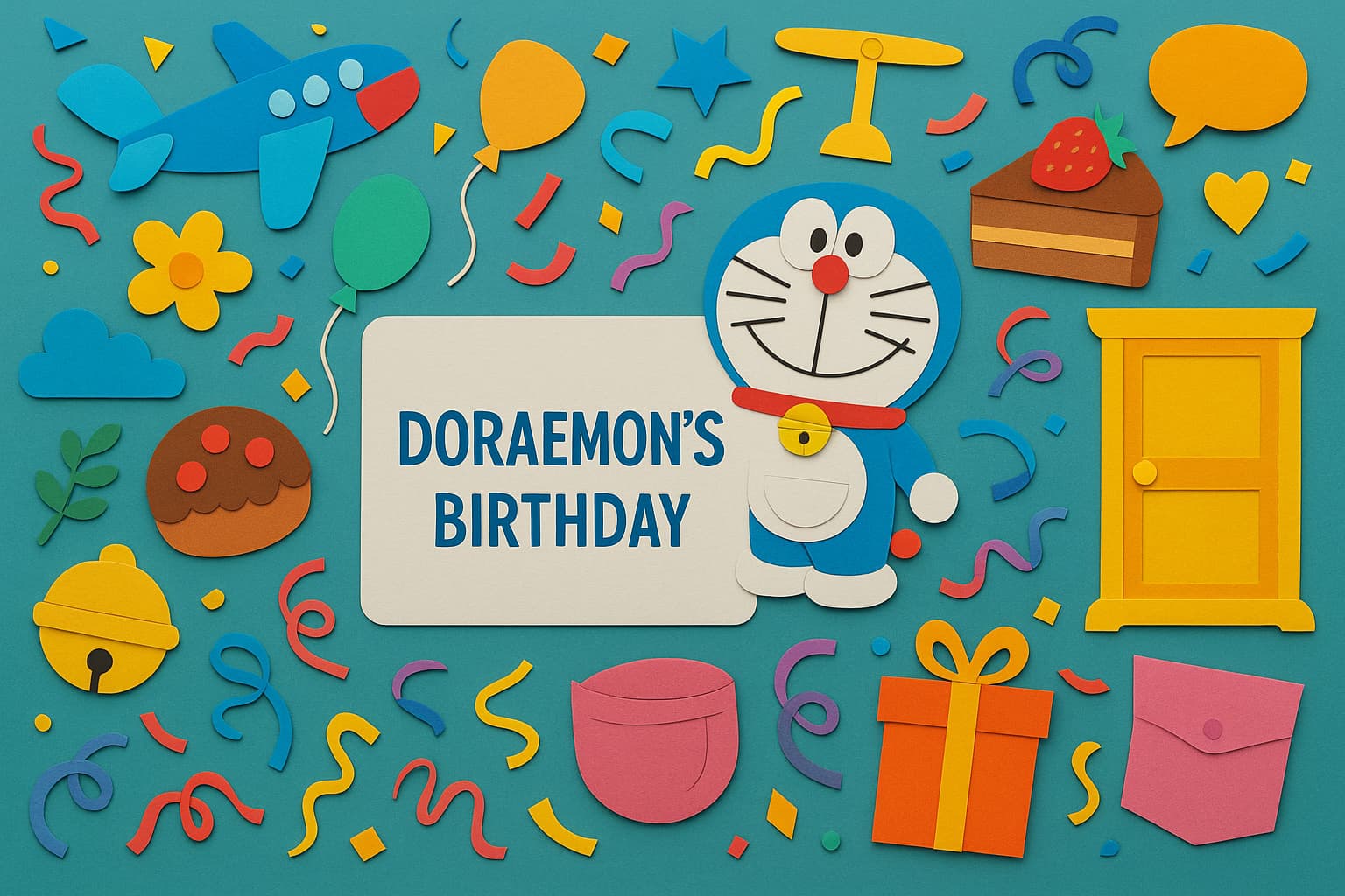 ドラえもんの誕生日を祝うカラフルな記念日アートと英語タイトル