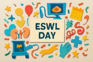 ESWLの日を祝うカラフルなペーパーアート。体外衝撃波結石破砕術の治療法とその効果を象徴するアイテムが散りばめられています。