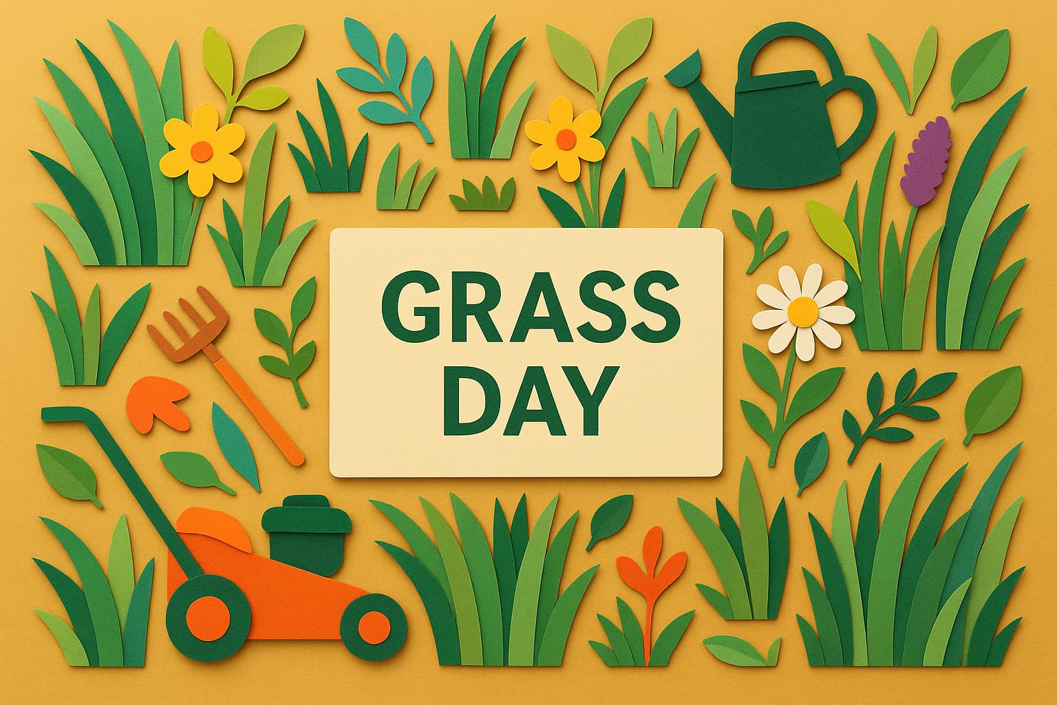 草の日の記念日を象徴するカラフルなペーパーアートと「GRASS DAY」の文字