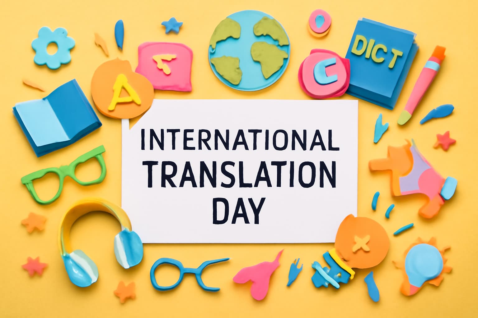 世界翻訳の日（9月30日）の重要性を祝うカラフルなデザイン。翻訳家の業績と国際的なつながりを象徴するアイテムが描かれています。