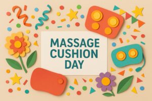 マッサージクッションの日に関する記念日と癒しグッズの魅力を伝えるデザイン