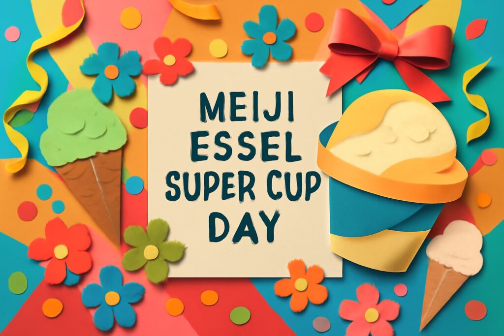明治エッセルスーパーカップの日を祝うカラフルなデザインの紙アート。アイスクリームや花々で飾られたポップなビジュアル。