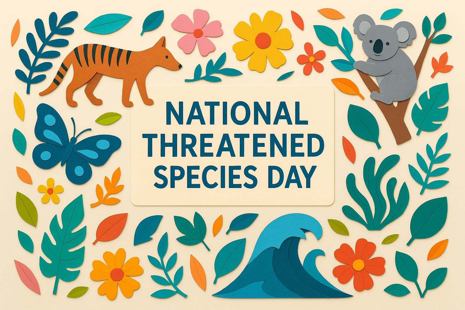 9月7日の「絶滅危惧種の日」を祝うカラフルなコラージュ。フクロオオカミやカンガルーなどの絶滅危惧種を象徴する動物と植物が描かれ、生物多様性と自然保護の大切さを伝えています。