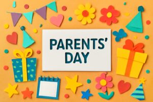 両親の日の感謝を伝えるためのメッセージカードとカラフルな装飾が施されたデザイン