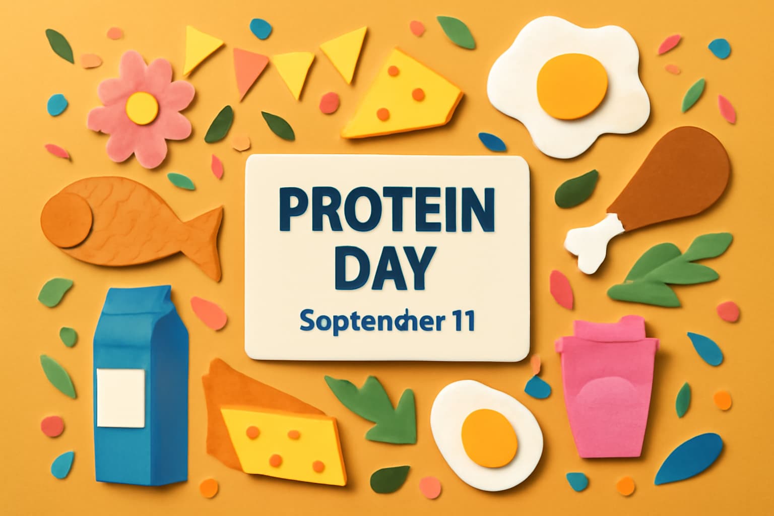 9月11日の「たんぱく質の日」を祝うために、たんぱく質を豊富に含む食材や栄養の重要性を伝えるカラフルなデザイン。