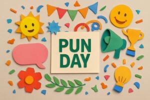 「だじゃれの日」の由来や魅力、イベント情報を紹介するブログ記事のサムネイル。クリエイティブでカラフルなデザインを通じて、だじゃれを使ったコミュニケーションの楽しさを表現。