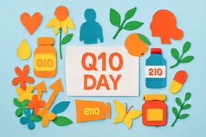 9月10日の「キューテンの日」を祝う、コエンザイムQ10の健康と美容効果を象徴したカラフルなデザイン