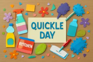 クイックルの日を祝うための掃除アイテムとカラフルなデザインが特徴のイラスト。クイックルを使った楽しい掃除のイメージを表現。