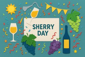 シェリーの日にちなんだカラフルなペーパーアートとワインをイメージした記念日ビジュアル