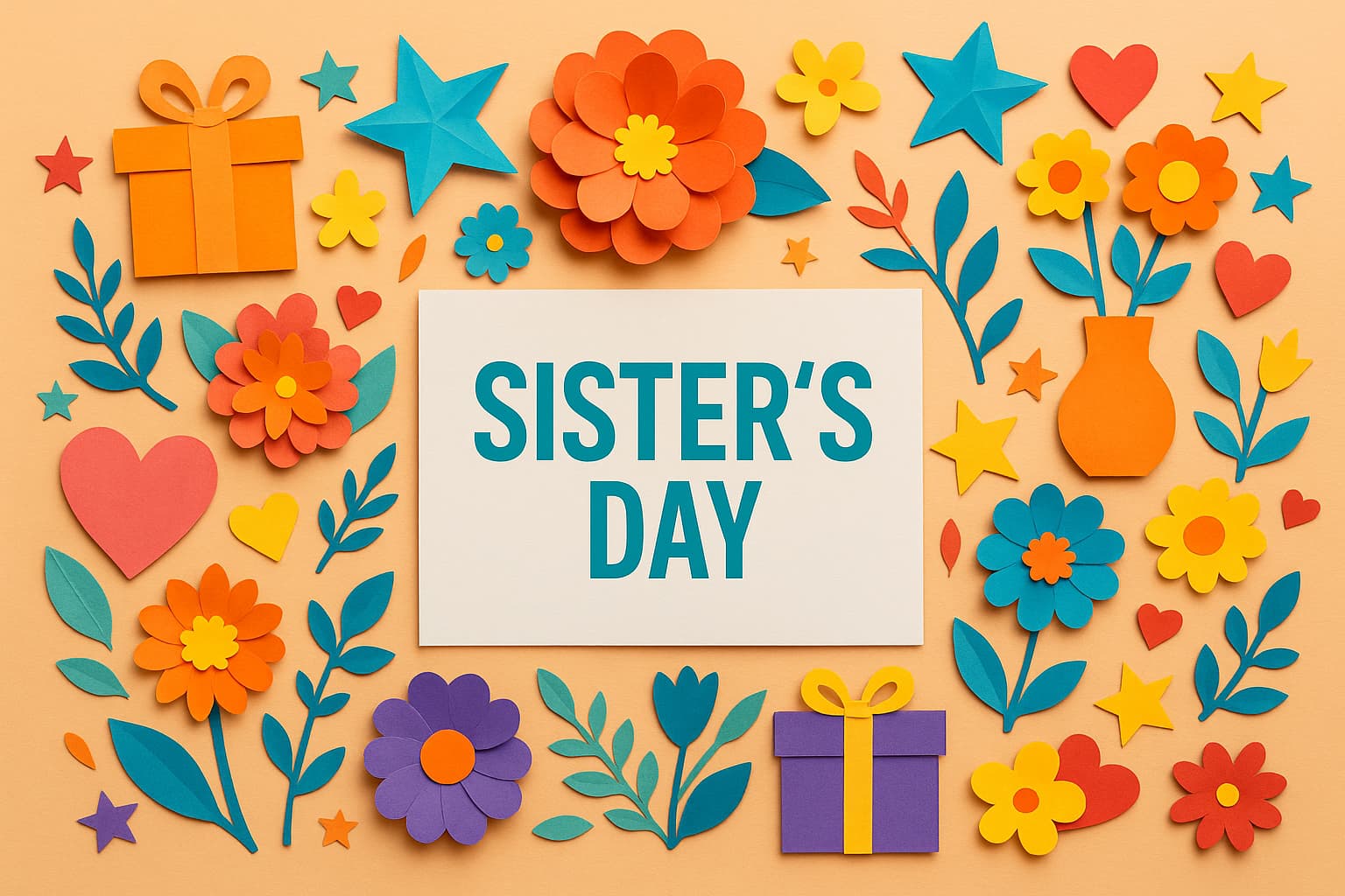 妹の日に感謝を伝えるカラフルなペーパーアートとSISTER'S DAYの文字