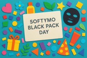 ソフティモ黒パックの日にちなんだカラフルな記念日イメージと角栓ケアを連想させるアイテムのペーパーアート