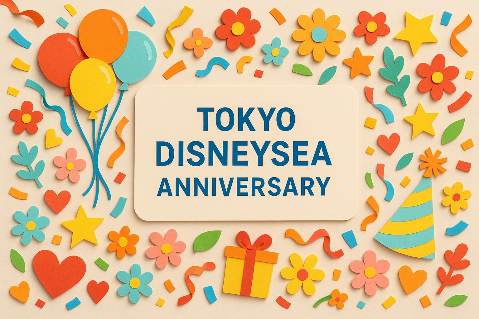 東京ディズニーシー開園記念日を祝うカラフルで楽しいペーパーアート風イラスト