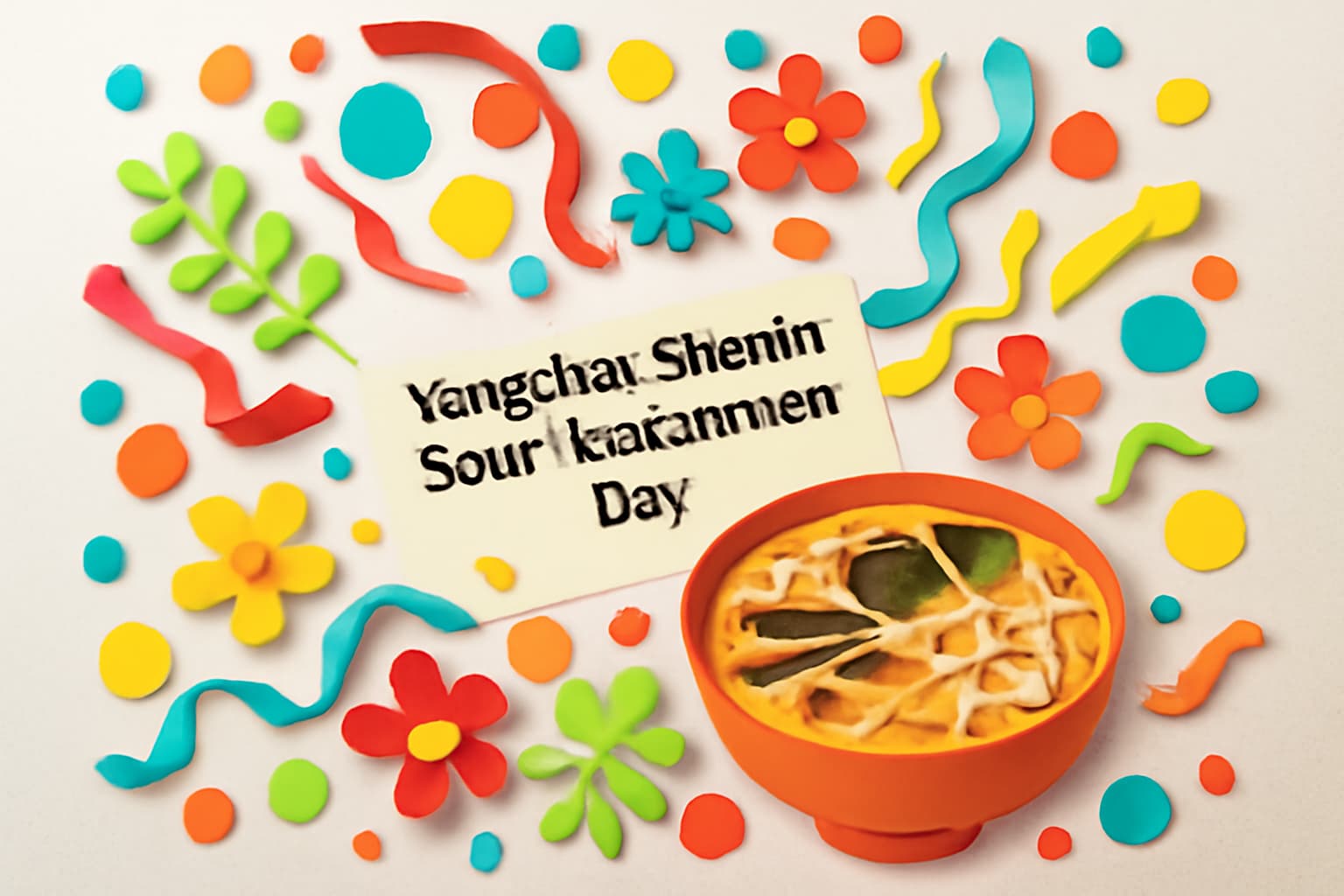 揚州商人スーラータンメンの日の記念日を祝うカラフルで賑やかなデザイン。酸辣湯を使ったラーメンが描かれている。