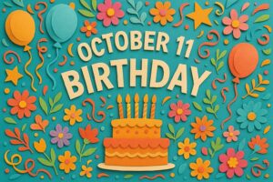 10月11日生まれの芸能人・有名人、泉里香、ケイン・コスギ、麻丘めぐみ、杉田智和、高畑淳子、野間口徹らの誕生日を祝う華やかなイメージ