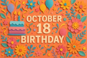 10月18日生まれの芸能人・有名人を華やかに祝うカラフルなペーパーアートデザイン。郷ひろみ、仲里依紗、蜷川実花など多彩なスターの誕生日をイメージした華やかな雰囲気。