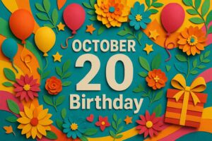 10月20日生まれの芸能人や有名人を紹介する華やかな誕生日イメージ。山口智子や山田孝之、平野ノラなど、多彩なスターの魅力を伝えるカラフルなペーパーアート風デザイン。